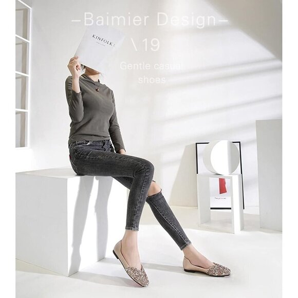 Fsfdamai Flat Shoes Women Golden Leather Square Toe Bling Glitter Casual Shoes - Picture 5 of 6